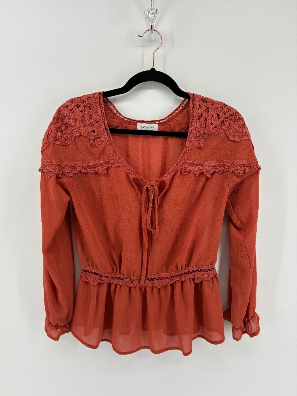 Rusty Brownish Ruffled Peplum Blouse with Bishop Sleeves